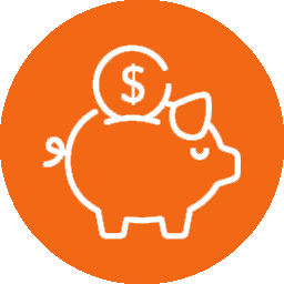 An orange circle featuring a white outline of a piggy bank with a coin displaying a dollar sign being inserted into it subtly mirrors the dedication of every vet, striving to safeguard your pet’s health as diligently as one would save for the future.