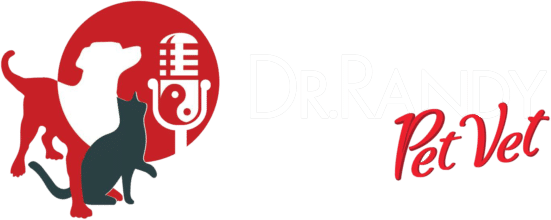 The logo of "Dr. Randy Pet Vet" showcases a silhouette of a dog and cat with a microphone inside a red circle, embodying the trusted image of your go-to veterinarian. The text "Dr. Randy" is in white, while "Pet Vet" stands out in vibrant red.