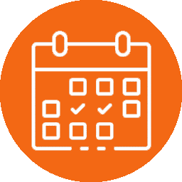 A white calendar icon on an orange circle background. The calendar, resembling a busy veterinarian's schedule, displays multiple squares with two check marks in the center columns.
