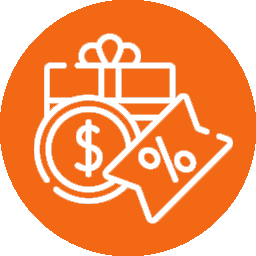 Icon featuring a white dollar sign on a coin, a percentage tag, and a gift box with a bow, all on an orange circular background—ideal for vet clinics offering special discounts or gift packages for pet health services.