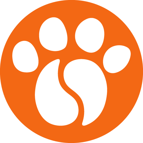An orange circle featuring a white paw print design, reminiscent of a logo you'd find outside a caring veterinarian's clinic, with four rounded toes and a larger central pad.