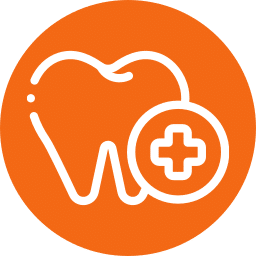 Icon of a tooth with a medical cross inside a circle on an orange background, symbolizing dental health care, this emblem highlights comprehensive wellness akin to what you'd find at a veterinarian's clinic.