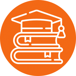 An orange circle with a white outline of a graduation cap, symbolizing knowledge and expertise, rests atop two stacked books, embodying the wisdom of a veterinarian.