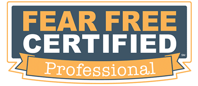 Image of a logo with the text "Fear Free Certified Professional" in bold letters. The top part features "Fear Free Certified" in white and orange on a dark blue background, and "Professional" is in white on an orange ribbon below, perfect for any vet or veterinarian proud of their certification.