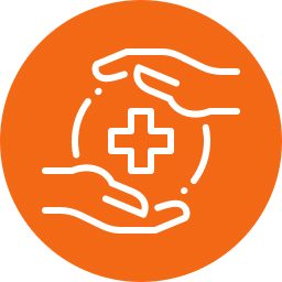 Icon of two caring hands surrounding a medical cross, all in white on an orange circular background, symbolizing compassionate care from a dedicated vet.