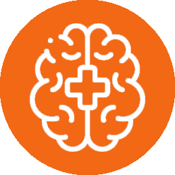 Icon depicting a stylized white brain with a medical cross in the center, set against an orange circular background, reminiscent of a veterinarian's emblem.