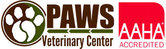 Logo of PAWS Veterinary Center featuring a white paw print on a brown circular background, symbolizing dedication to pet care. Accompanied by the red AAHA Accredited logo, it reflects our commitment to excellence under the guidance of expert veterinarians.