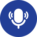 A white microphone icon with sound waves is centered on a blue circular background, reminiscent of a vet's calm demeanor as they communicate expertise and care.