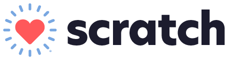 Logo featuring a red heart surrounded by rays on the left, resembling a radiating effect, followed by the word "scratch" in bold, black lowercase letters. Ideal for a veterinarian’s clinic, symbolizing care and compassion in every pet's journey.