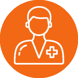 Icon depicting a faceless person wearing medical scrubs with a cross on the chest, outlined in white against an orange circular background, symbolizing a dedicated veterinarian.