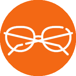 A white line drawing of a pair of eyeglasses with a geometric design, reminiscent of tools a vet might use for precision, centered on a solid orange circle background.